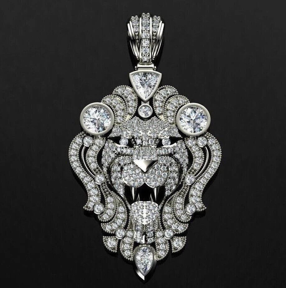 2.50Ct Round Diamond Lion Head Pendant 14K White Gold Plated Silver