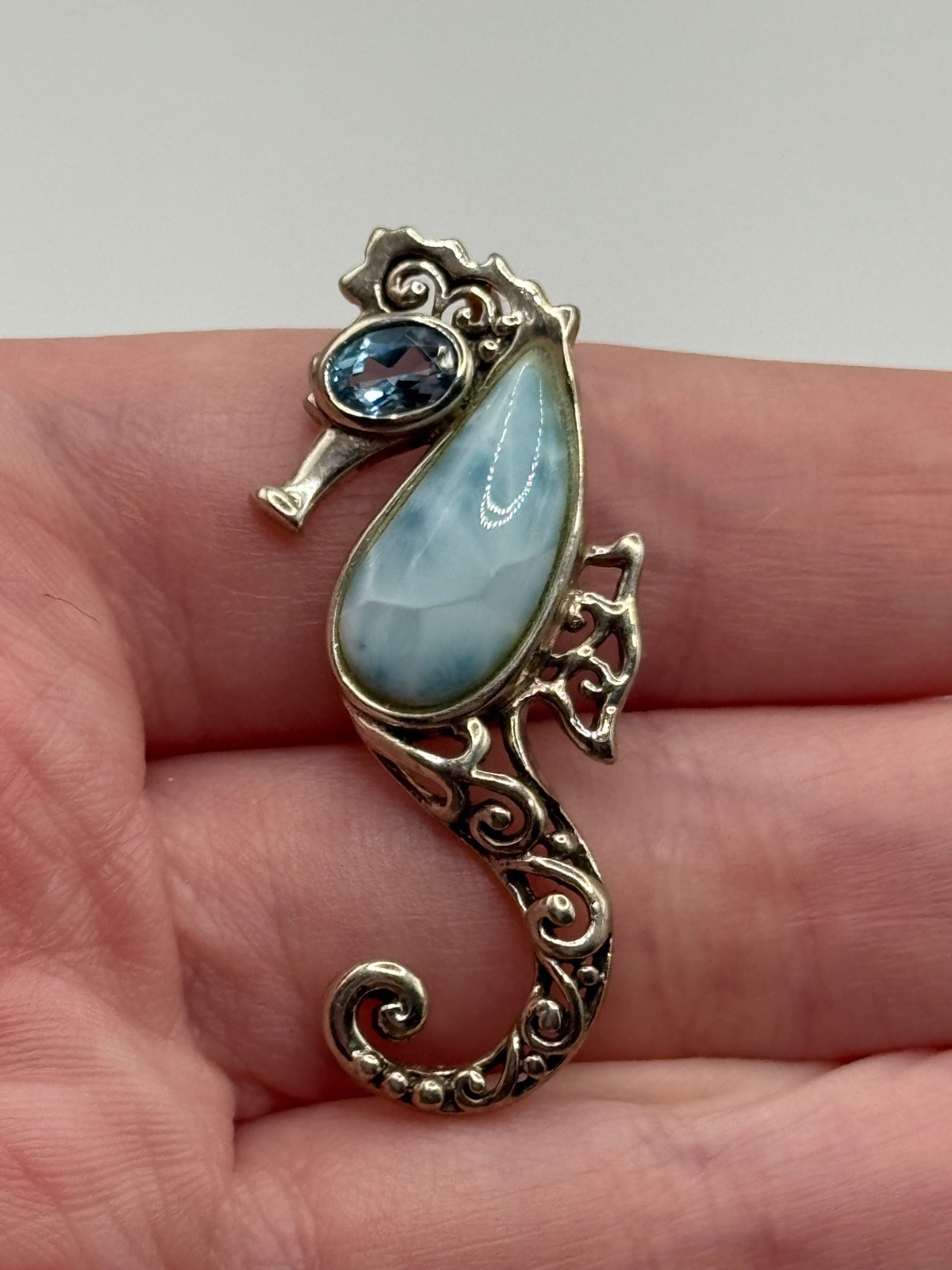 Sterling Silver Seahorse Larimar Blue Topaz Pendant 925 CFJ Collins