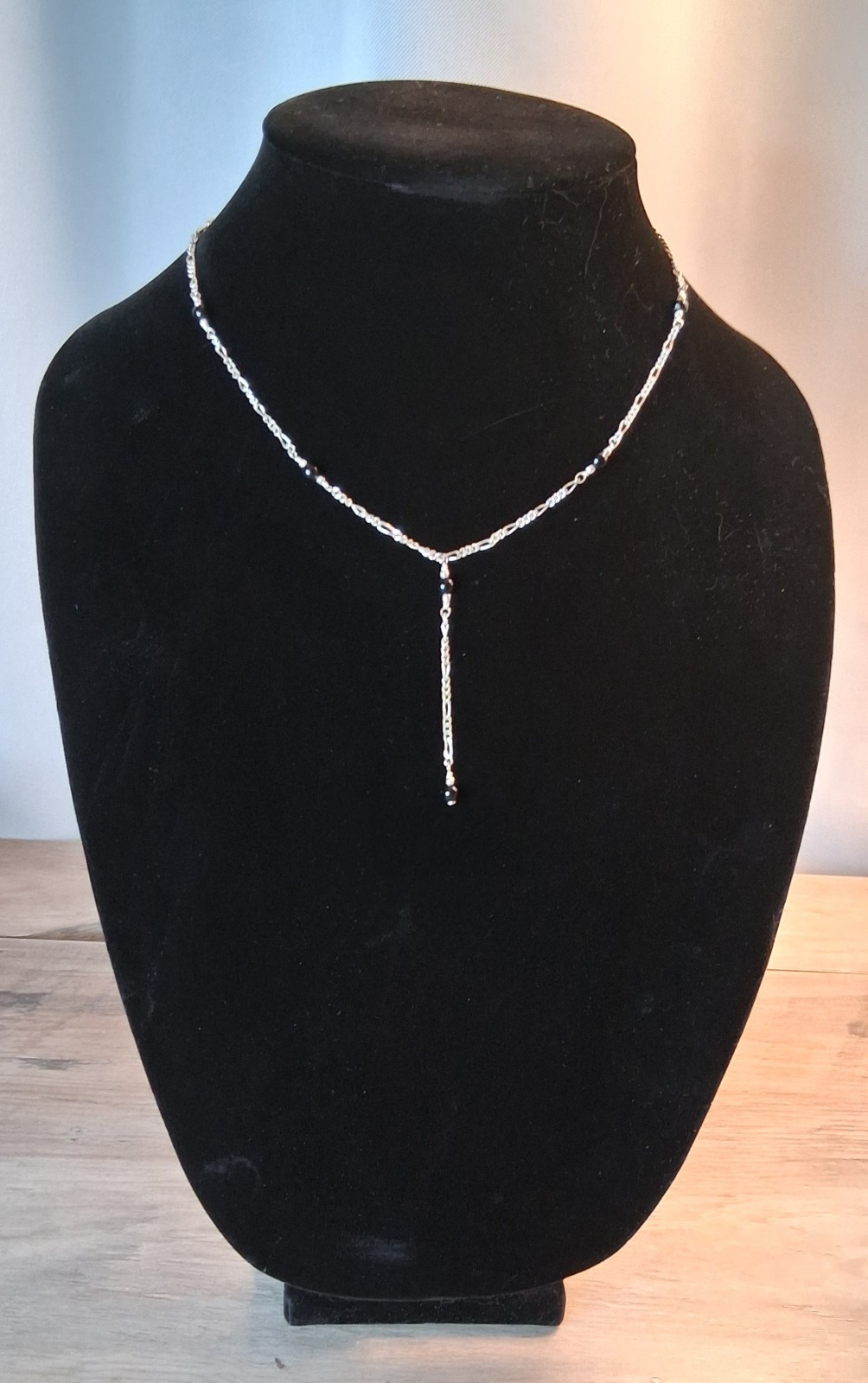 925 Sterling Silver Black Onyx Station Bead Y Lariat Pendant Necklace Signed