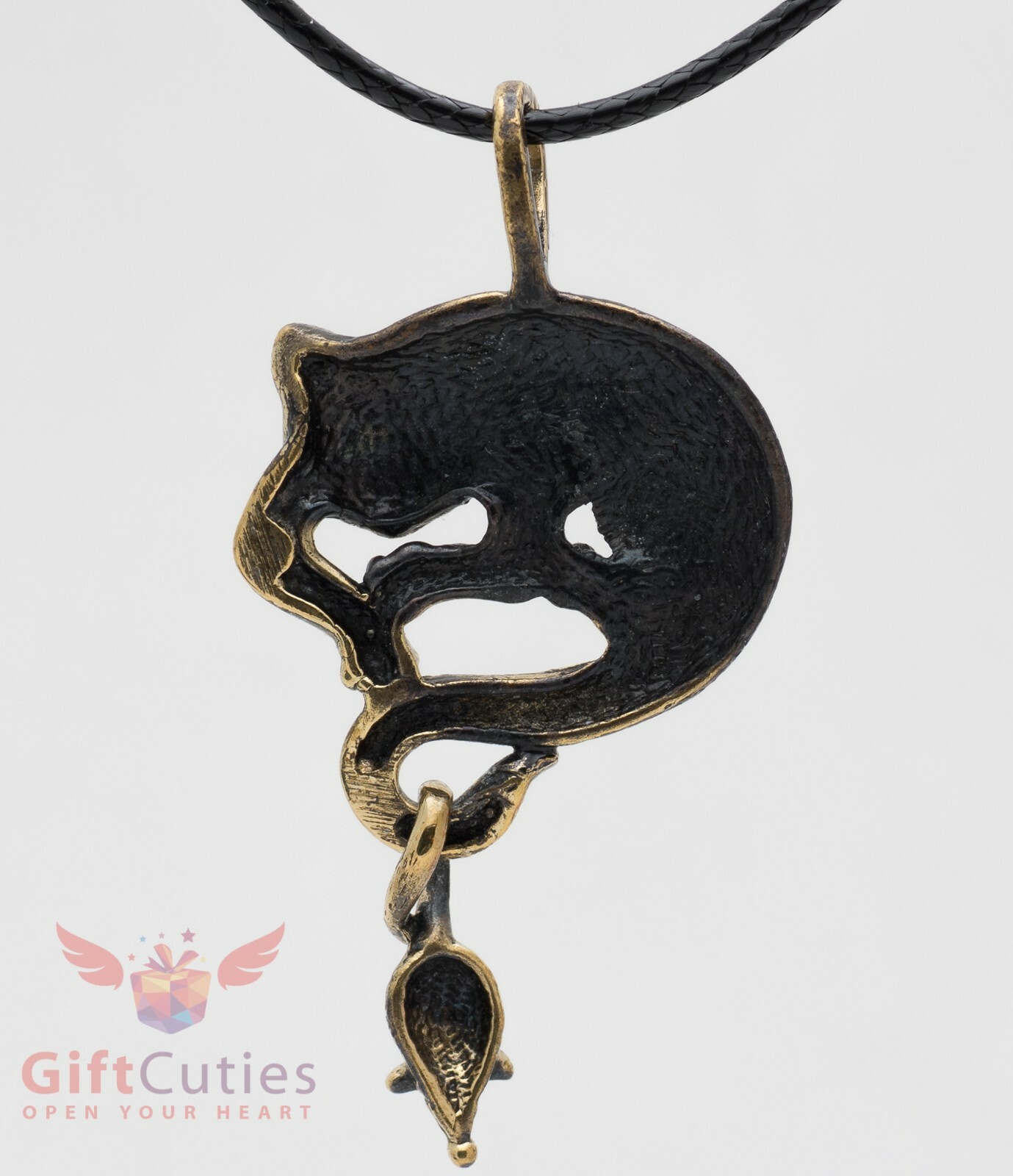 Solid Brass Cat playing with a mouse Pendant Necklaces IronWork