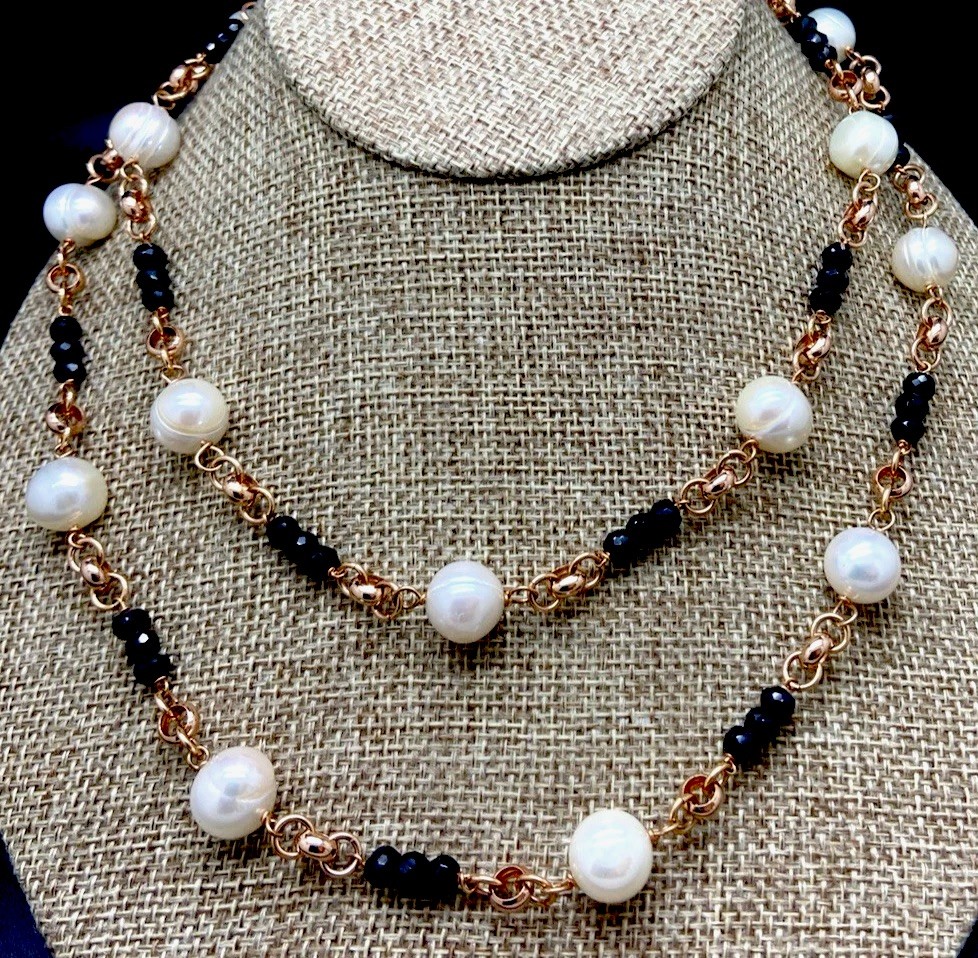 HONORA WHITE PEARL & BLACK BEAD NECKLACE BRONZE MILOR ITALY NEW IN BOX
