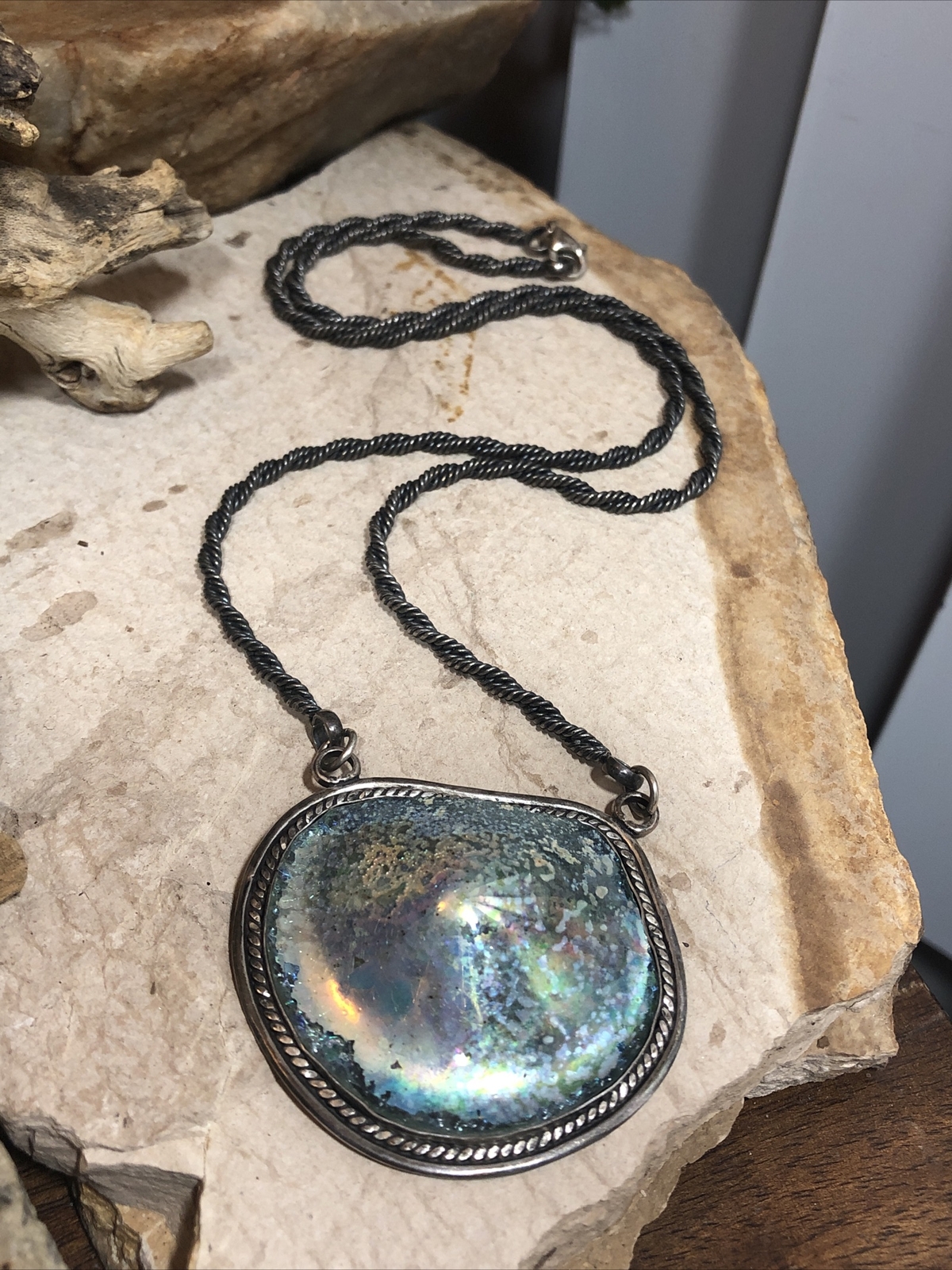 Sterling Silver 925 Roman Glass ISRAEL Double Twisted Chain Statement Necklace