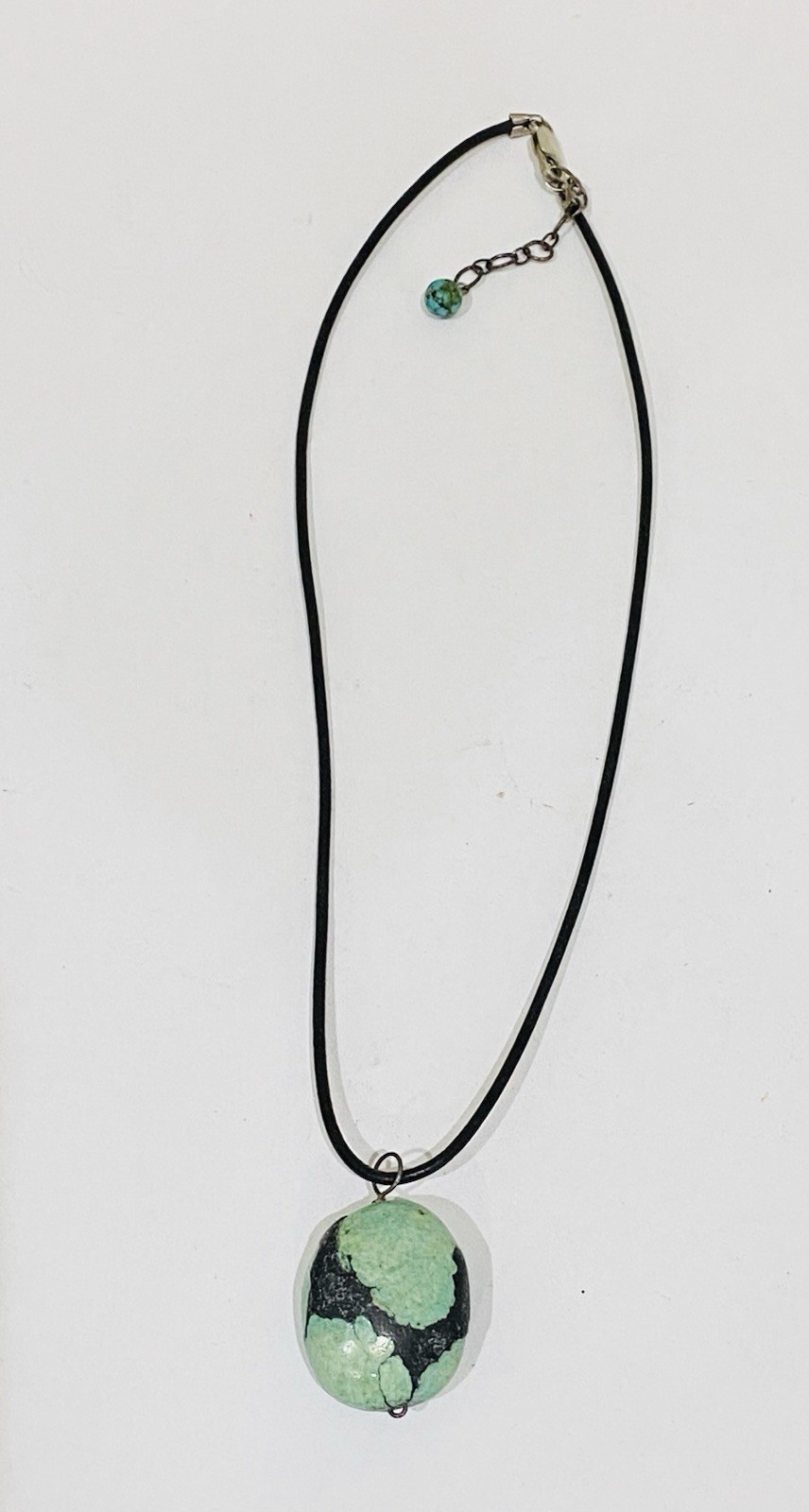 Oval Turquoise & 925 Sterling Silver Pendant On Leather Cord Necklace 15”