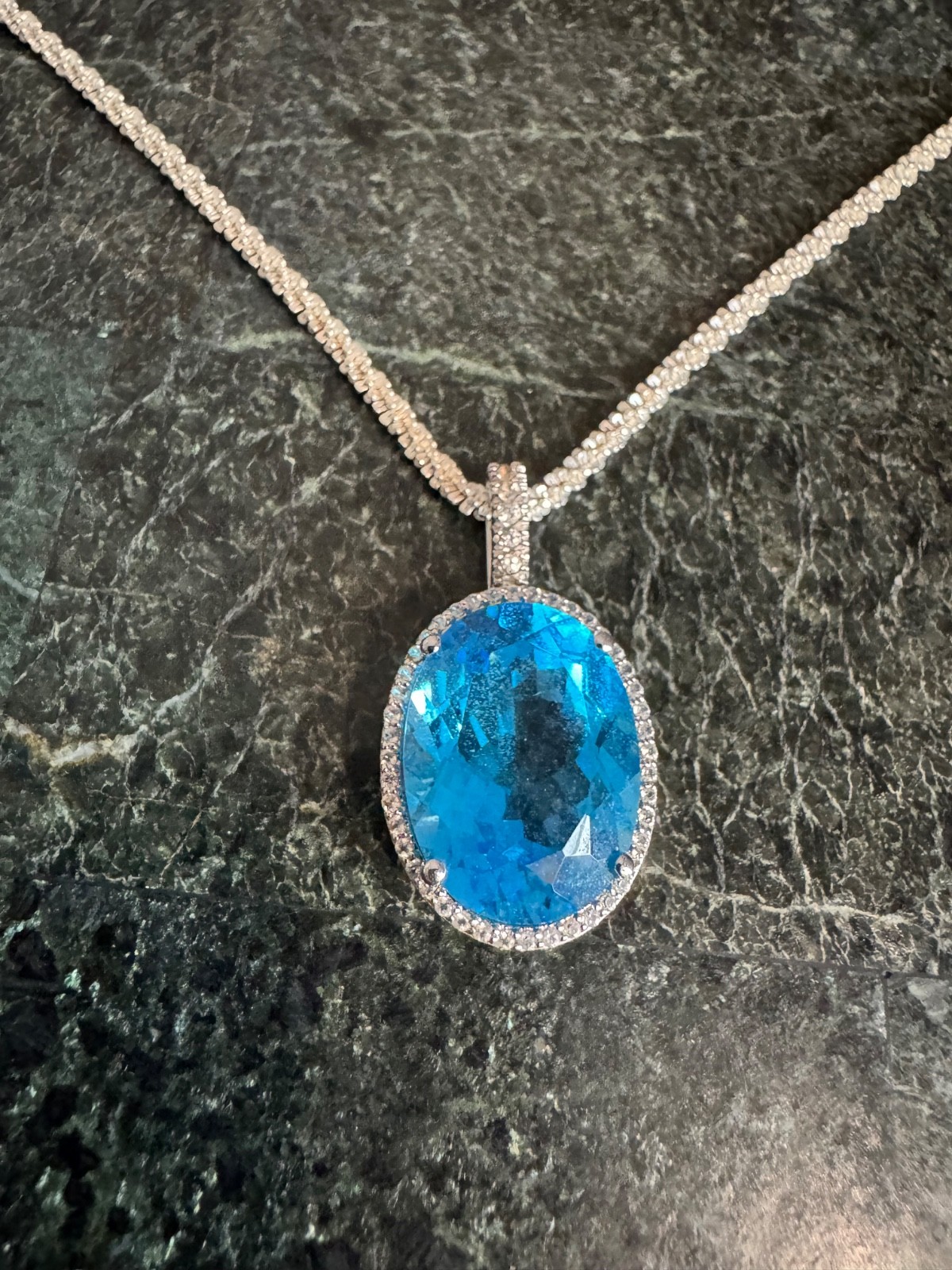 Sterling Silver 925 Large Oval Blue Topaz and White Topaz Pendant With 17″ Chain