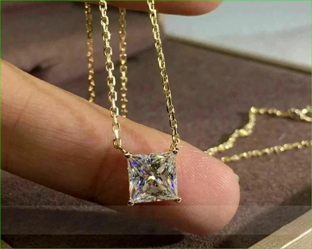 4CT Princess Cut Real Moissanite Solitaire Pendant 14k Yellow Gold Plated