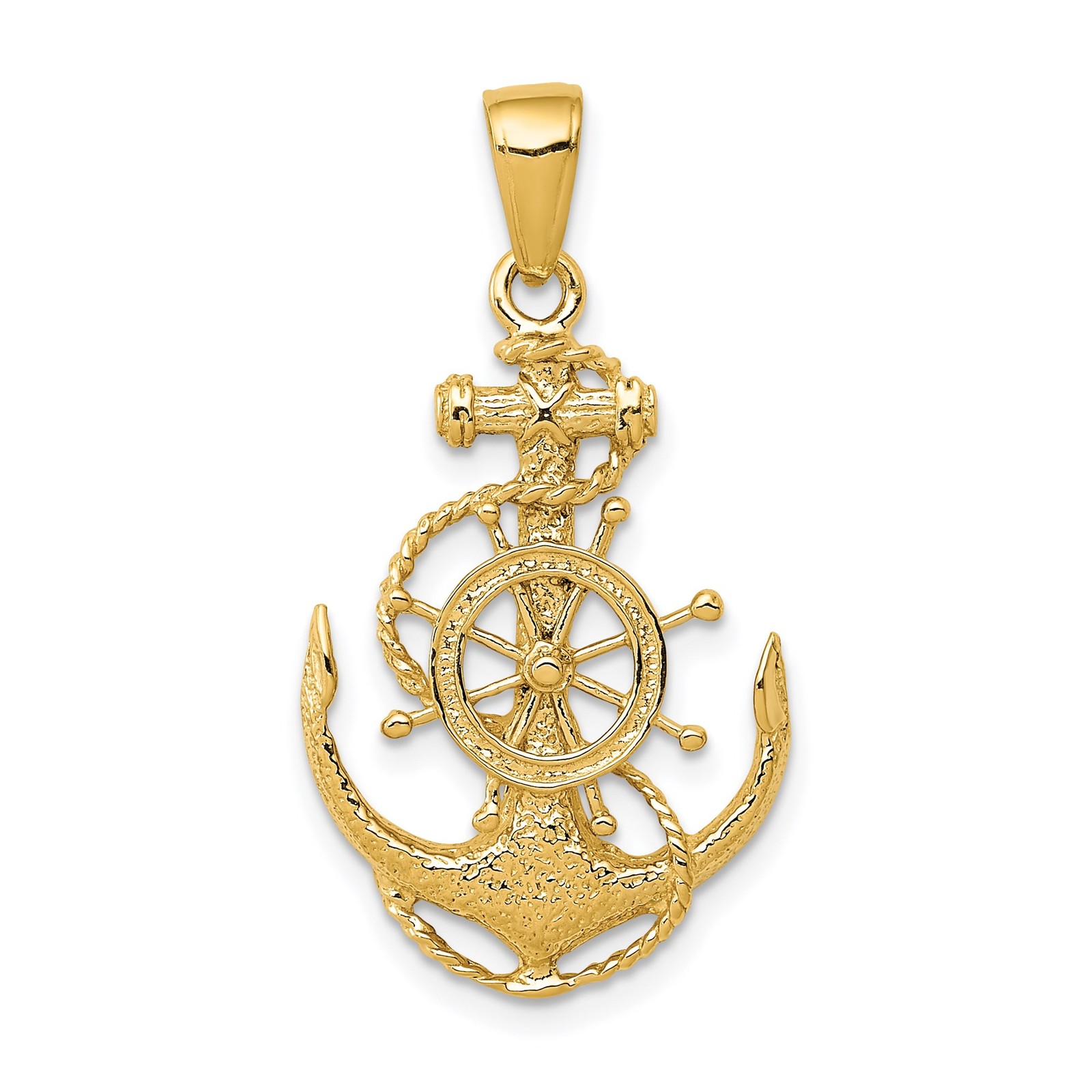 14k Yellow Gold Nautical Pendant Anchor Wheel Marine Symbol for Men Sailing