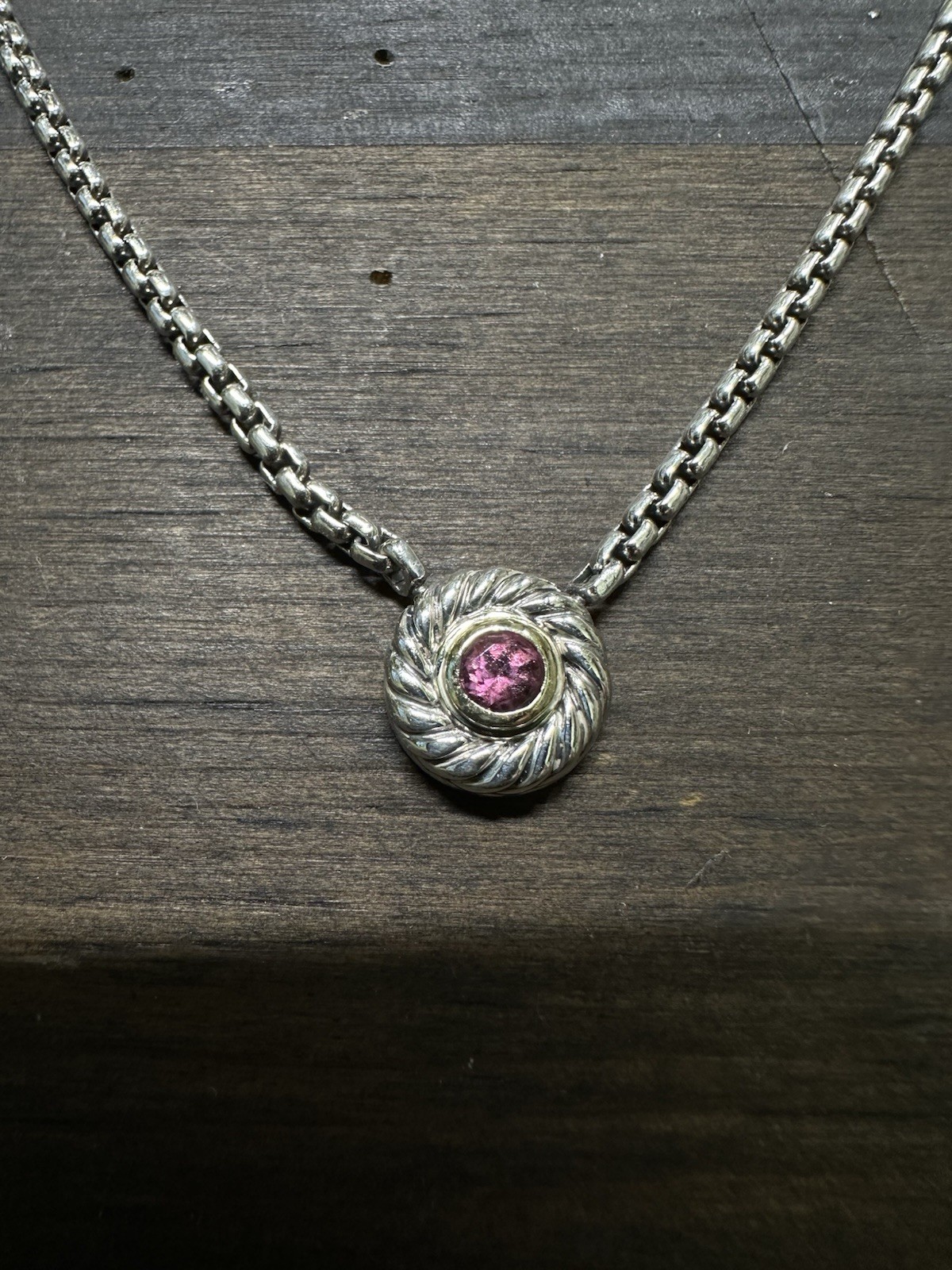 David Yurman 925 Sterling Silver Pink Tourmaline Charm Necklace 16″