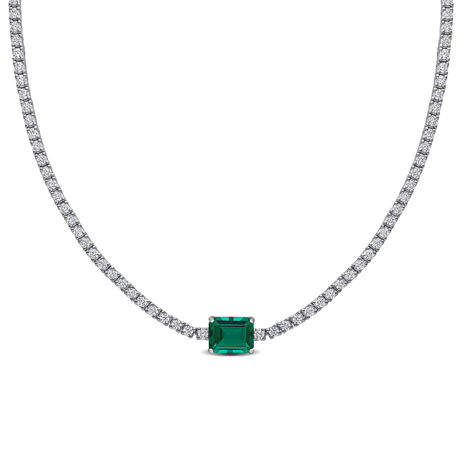 Amour Silver Created Emerald & Created White Sapphire Solitaire Necklace – 17 in