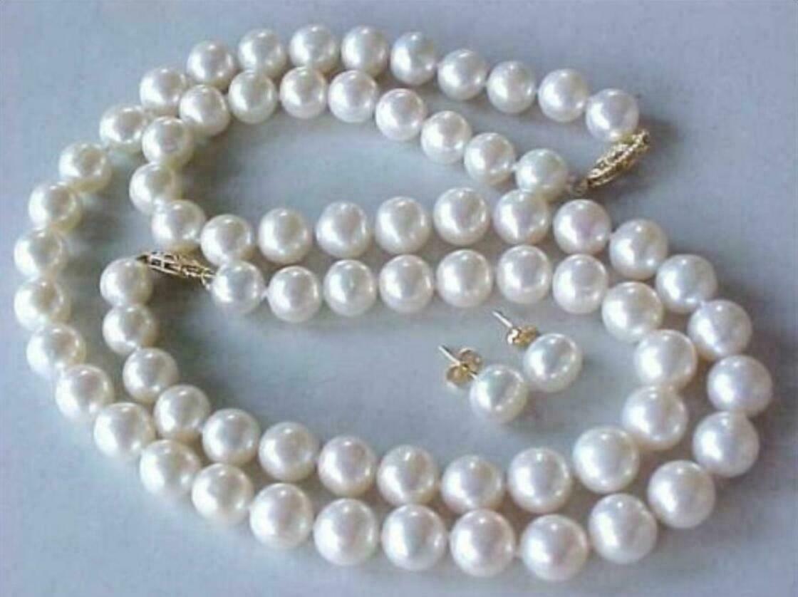 natural 8-7mm Akoya white pearl necklace 18” + bracelet 7.5-8”+ earring 14K Gold