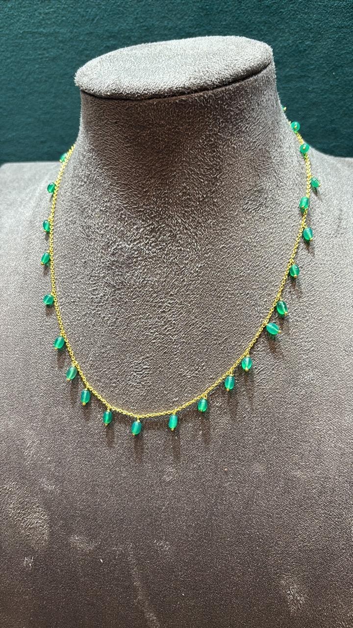 925 Silver Green Onyx Station Chain Necklace Gold Plated Dainty For Women
