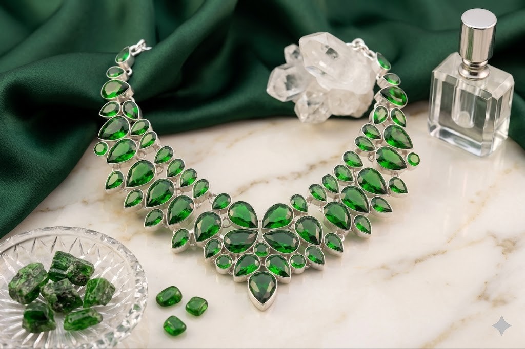 Chrome Diopside Gemstone Handmade 925 Sterling Silver Jewelry Necklace Size-18