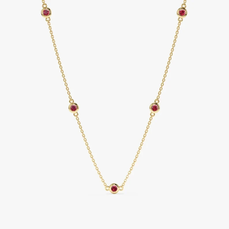 14k Yellow Gold 0.25TCW Round Natural AAA Ruby Station Necklace for Propose Gift