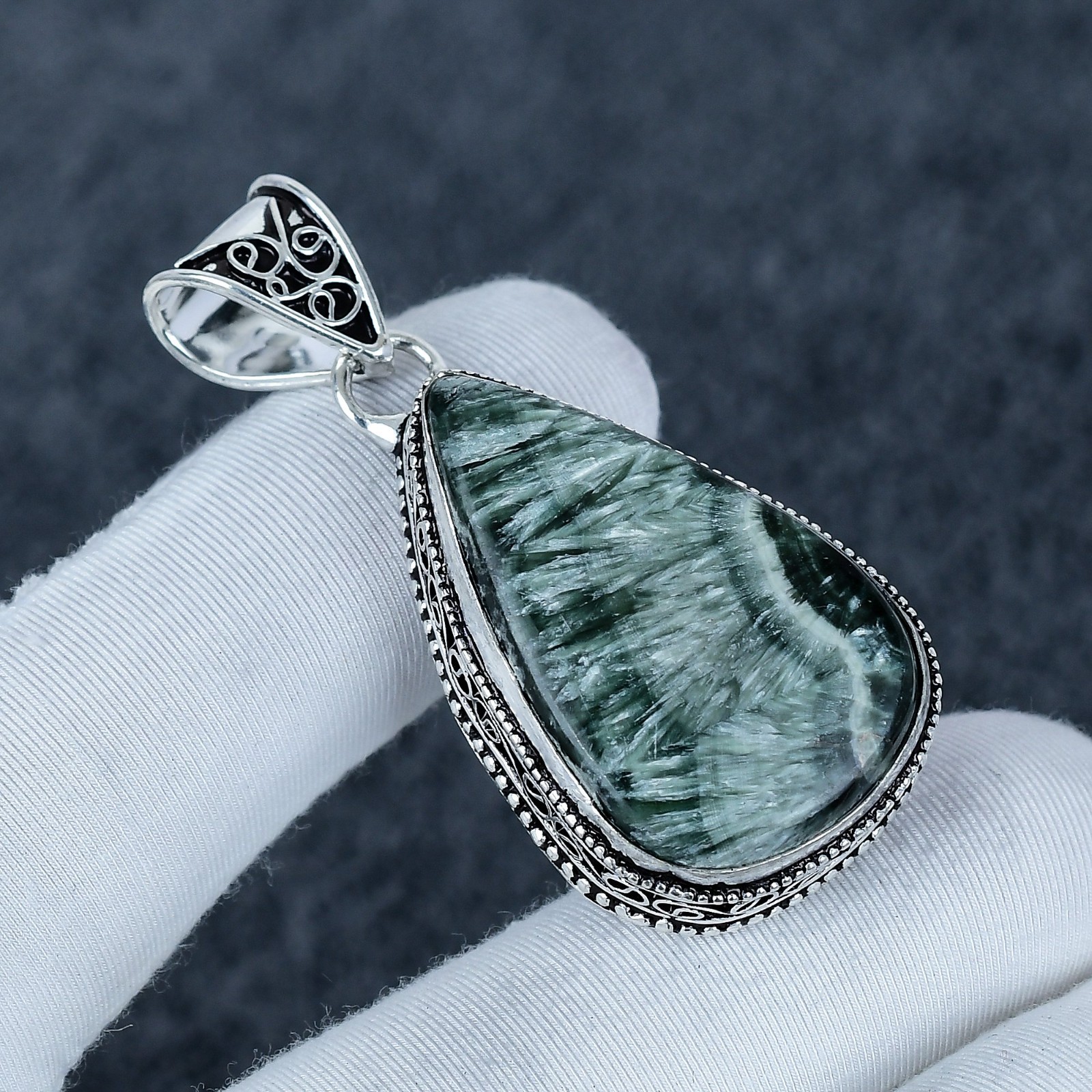 Seraphinite Gemstone Pendant 925 Sterling Silver Pendant, Handmade Pendant Gift