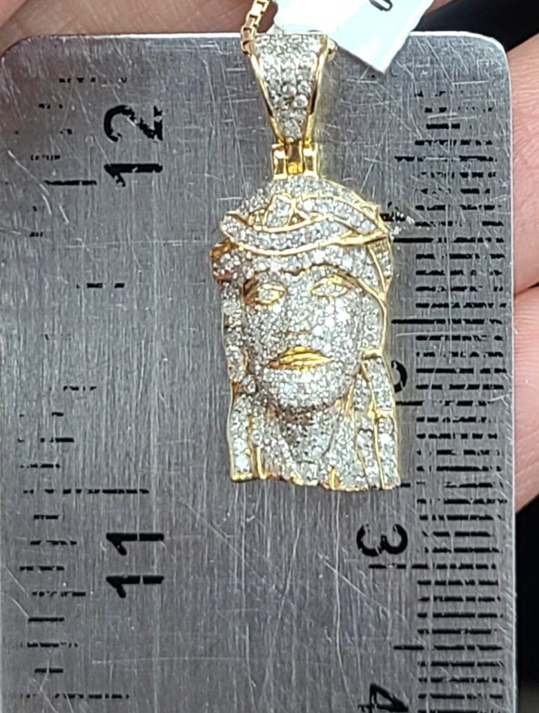 10K Yellow Gold Genuine Natural 0.85ctw Diamonds, Jesus face Pendant Charm 26mm