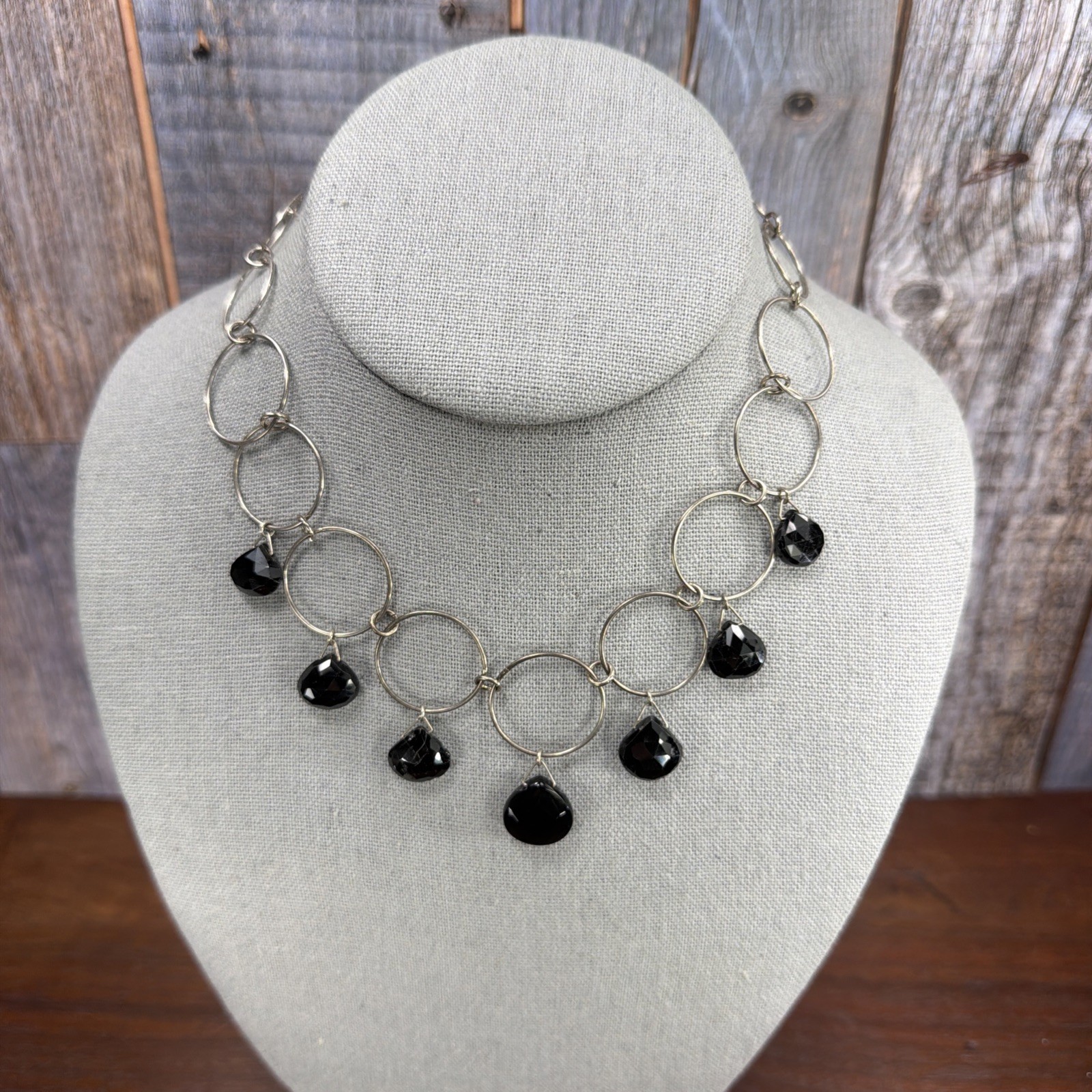 CHAN LUU Layered Necklace Silver Circle Strand Black faceted Crystal Boho 15.5″