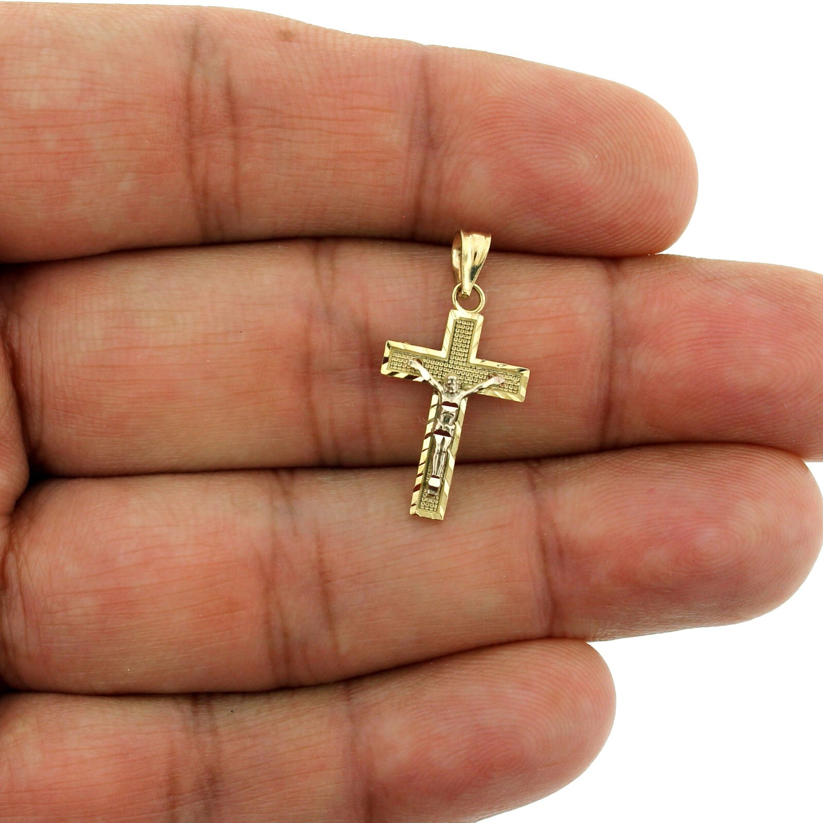 10K Yellow Gold Diamond Cut Jesus Crucifix Cross Charm Pendant Mens Women