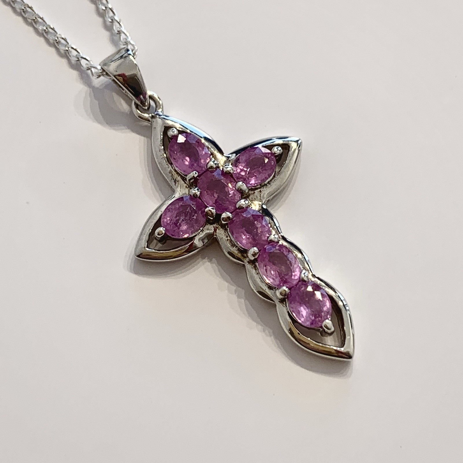 Sterling Silver 925 Pink Topaz Cross Pendant Chain Necklace – 16″ Inches