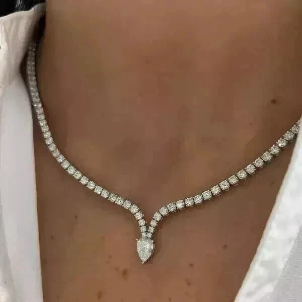 20TCW Pear Cut Lab Created Diamond Tennis necklace 14k White Gold Plated