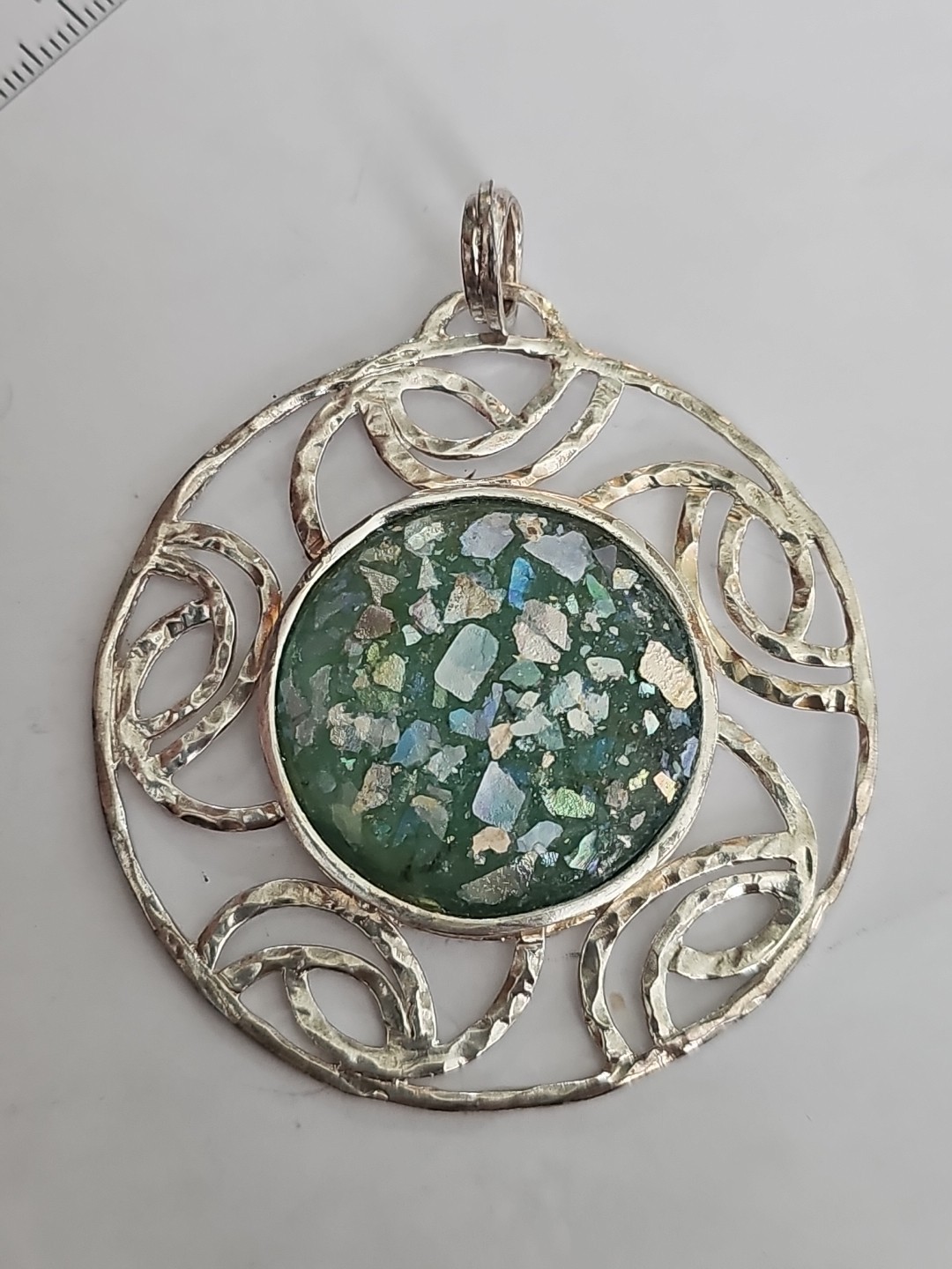 Ancient Roman Glass Israel Sterling Silver Round Pendant Signed B 2.25″ #5864