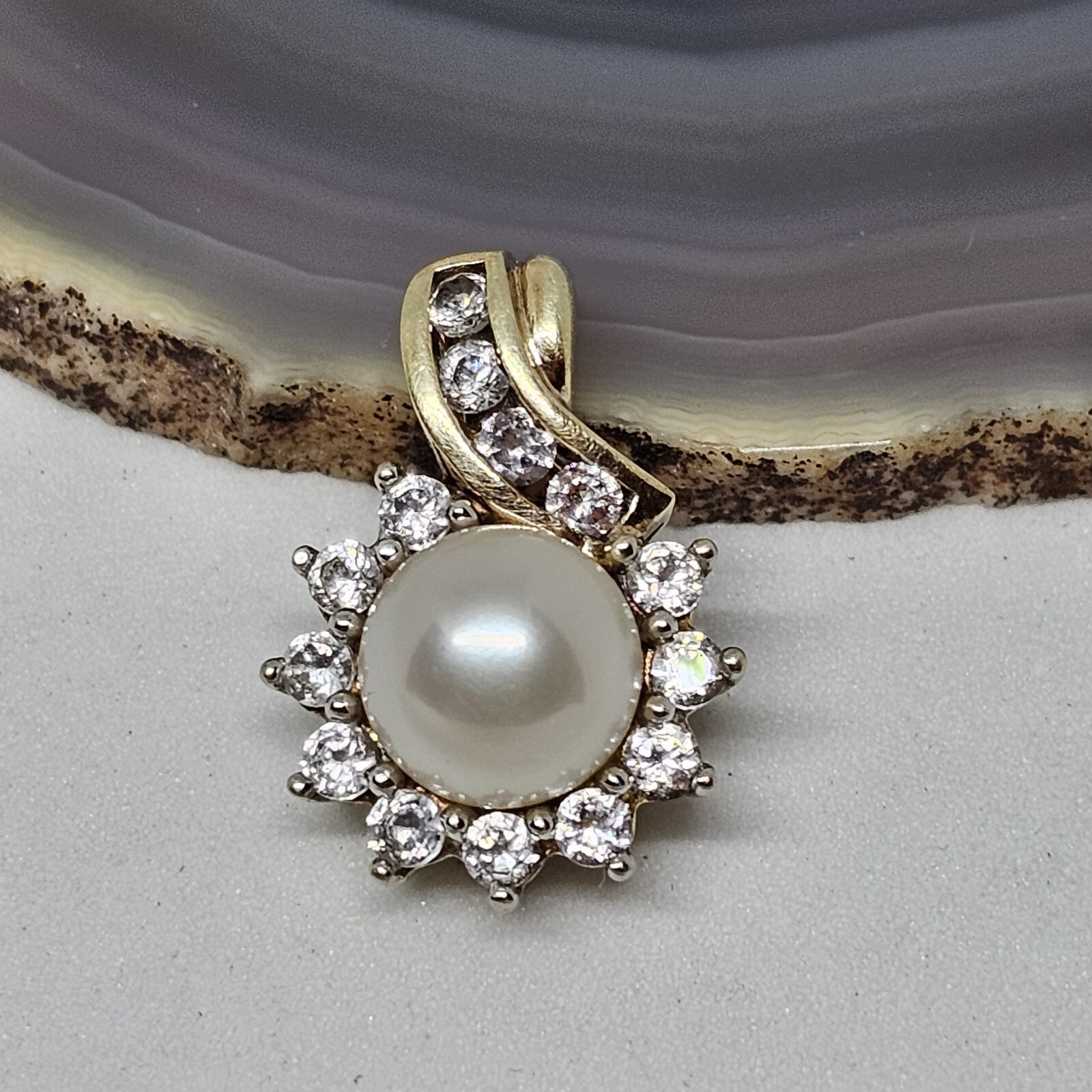 925 Sterling Silver Vermeil Button Pearl White Topaz Pendant Gold Plate over 925
