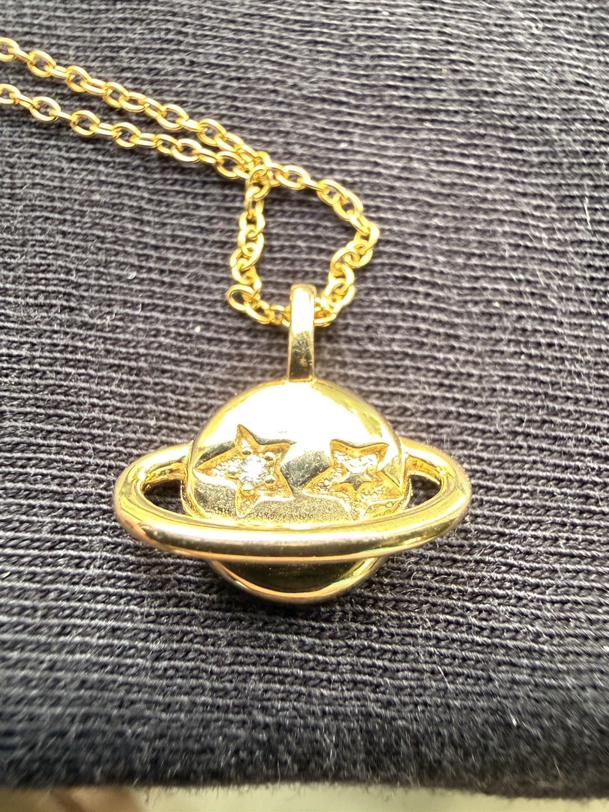 Signed YGI .925 Sterling Silver Gold Tone Planet Saturn Stars Pendant Necklace