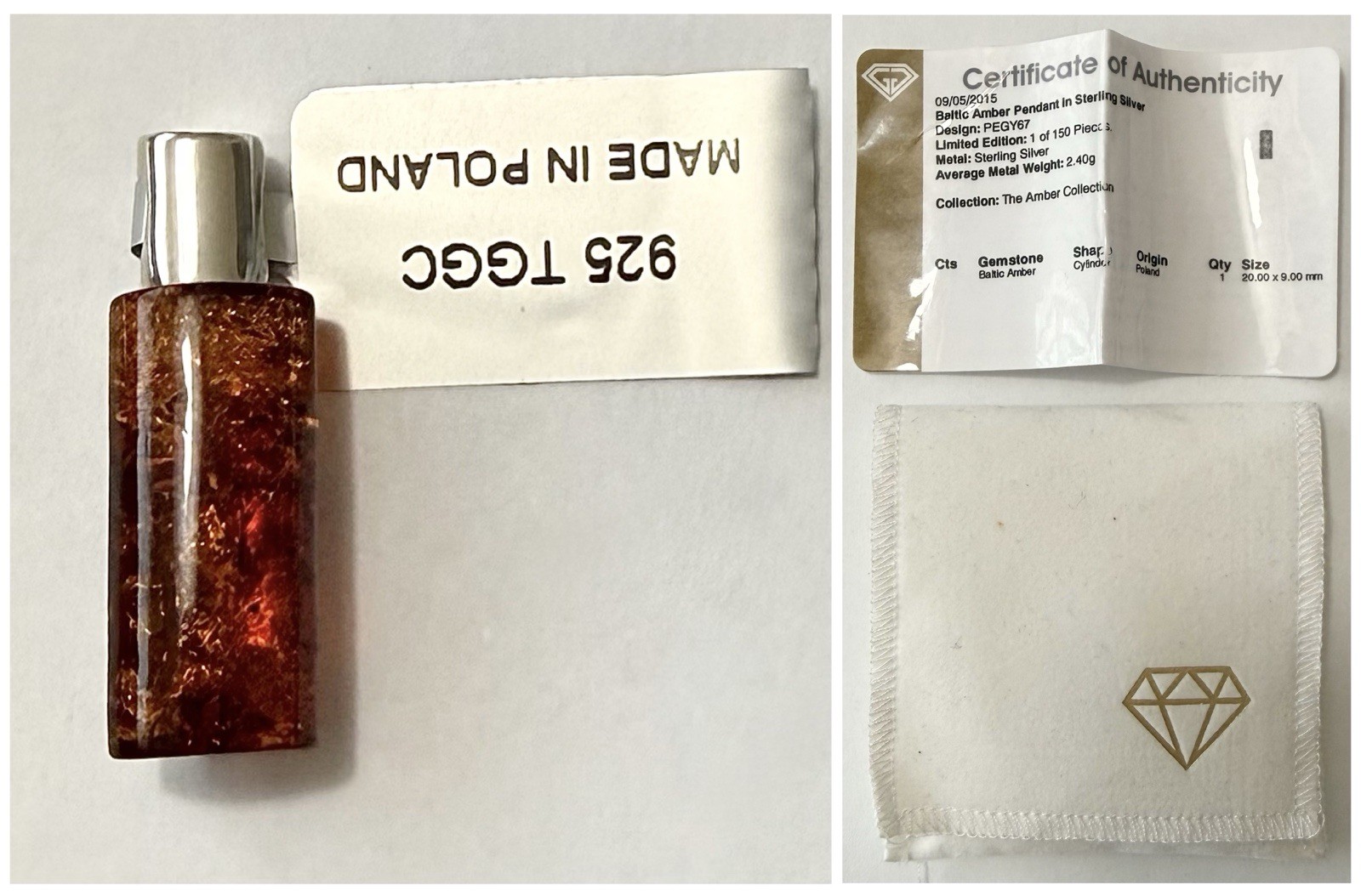 TGGC 925 Sterling Silver Baltic Amber 1” Long Cylinder Pendant Poland NWT COA
