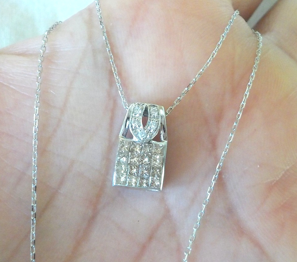 Pretty 18K White Gold Square Cluste Diamond Necklace – 2.64 gms, 17 in, 0.43 ctw