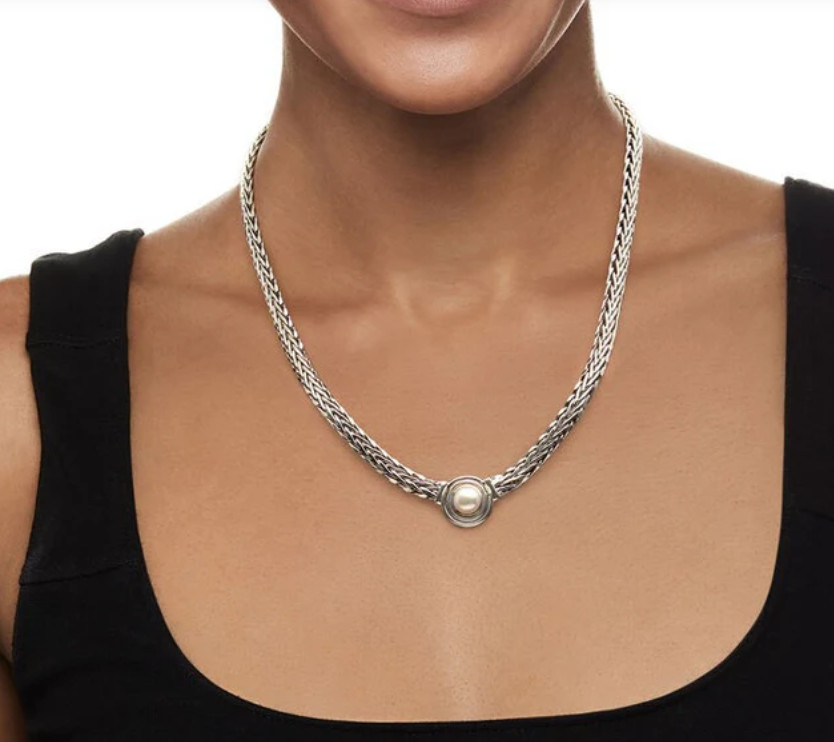 8mm Cultured Pearl Flat Wheat-Chain Necklace in Sterling Silver