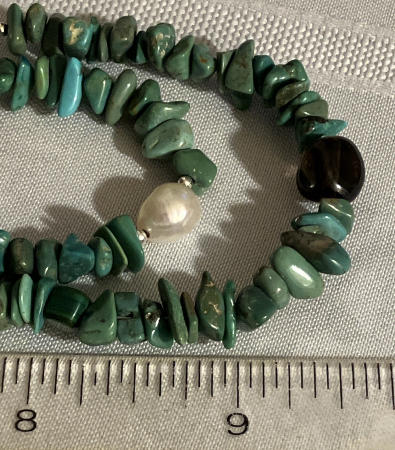 KL Natural Turquoise Nugget Baroque Pearl Smoky Quartz Double strnd Necklace 19”