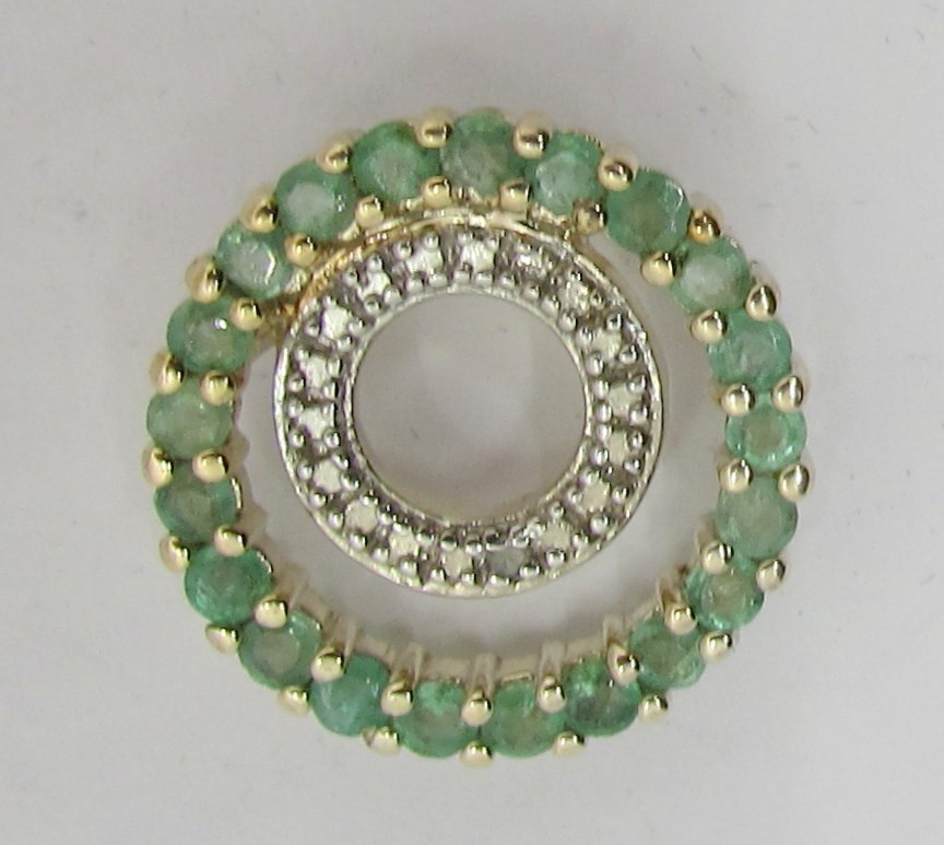 925 STERLING SILVER GEN EMERALD & DIAMOND CIRCLES SLIDE PENDANT 17MM ~ 2.1G