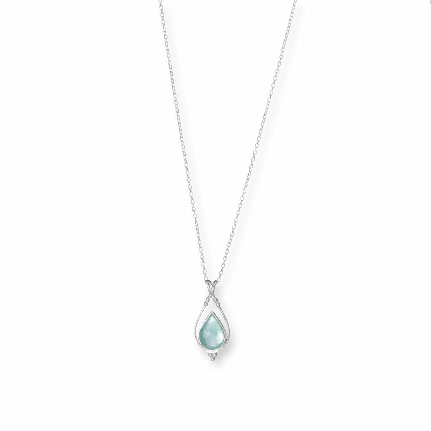 Sterling Silver 18″ Open Pear and Blue Ancient Roman Glass Necklace