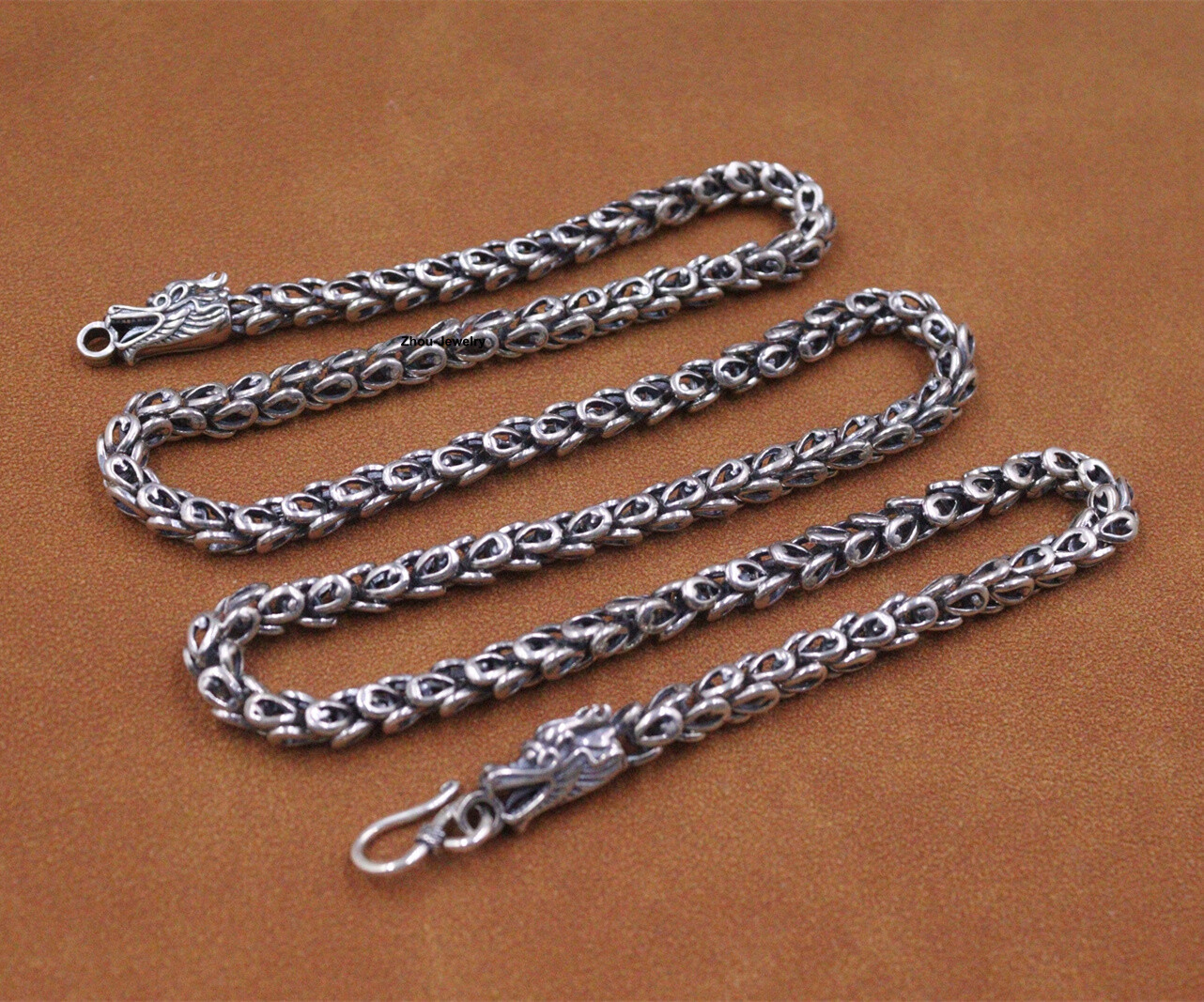 Pure Sterling Silver 925 Chain Dragon Head 6mm Feather Link Necklace 57g 23.6in