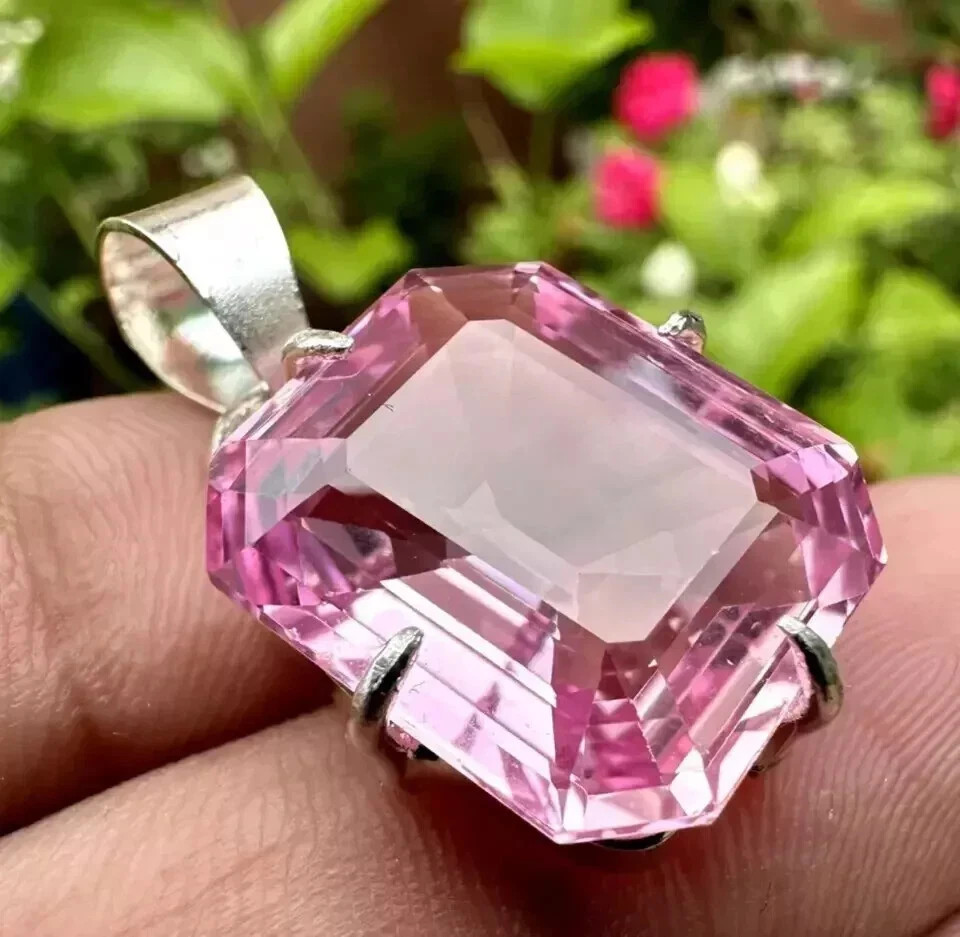 23 Ct Natural AGL Certified Emerald Cut Padparadscha Sapphire 925 Silver Pendant