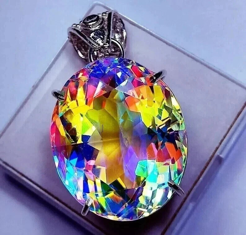 Natural Oval Mystic Topaz 90.10 Ct+ 925 Solid Silver Rainbow Pendant Gemstone