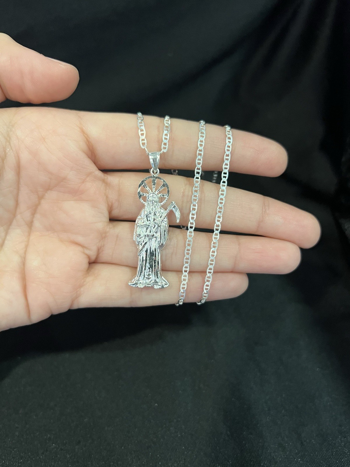 925 Sterling Silver Women Men Small Santa Muerte Grim Reaper Mariner Chain 18 24