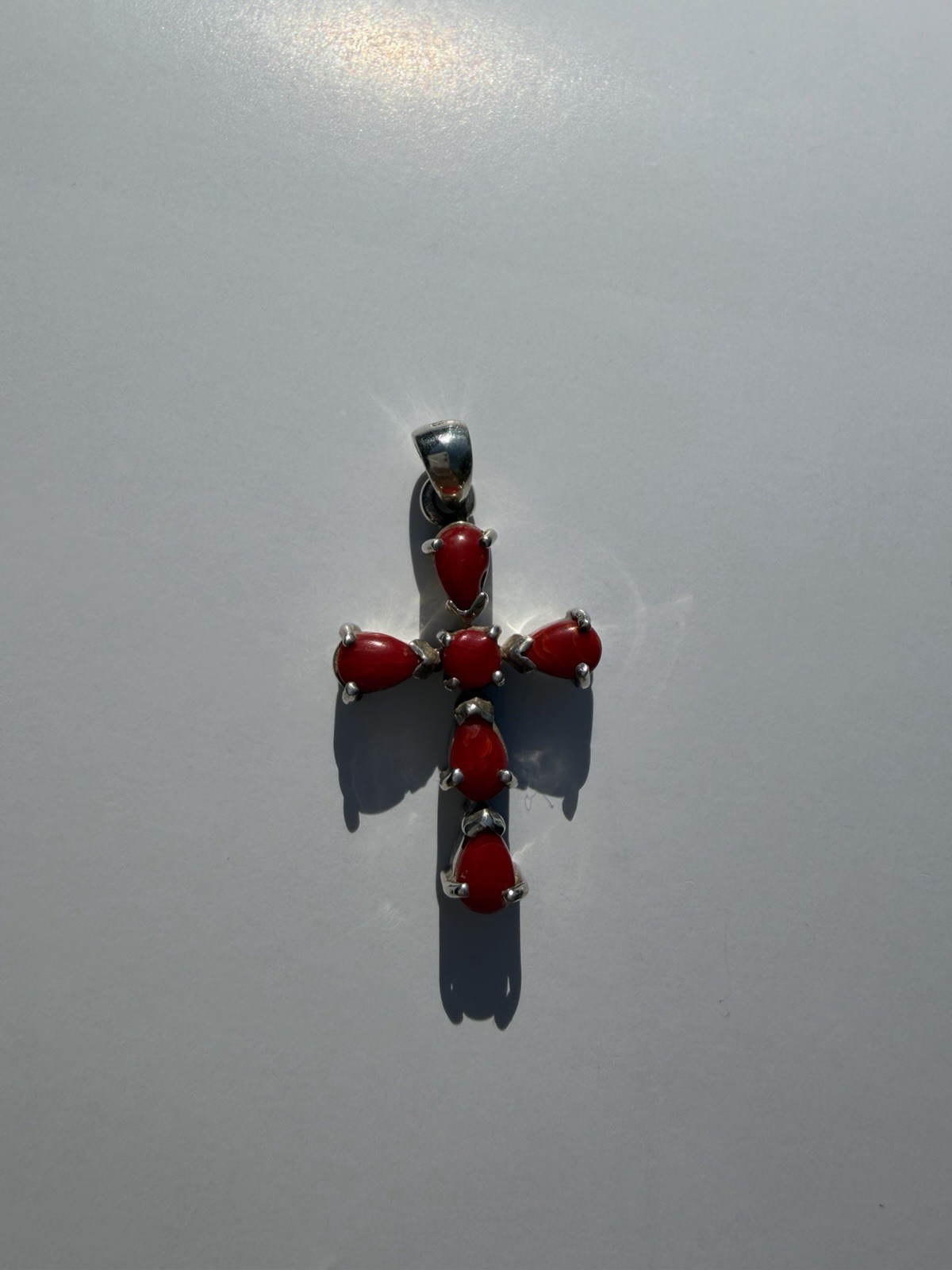 925 Sterling Silver Red Cabochon Cross Pendant Estate Religious 2″