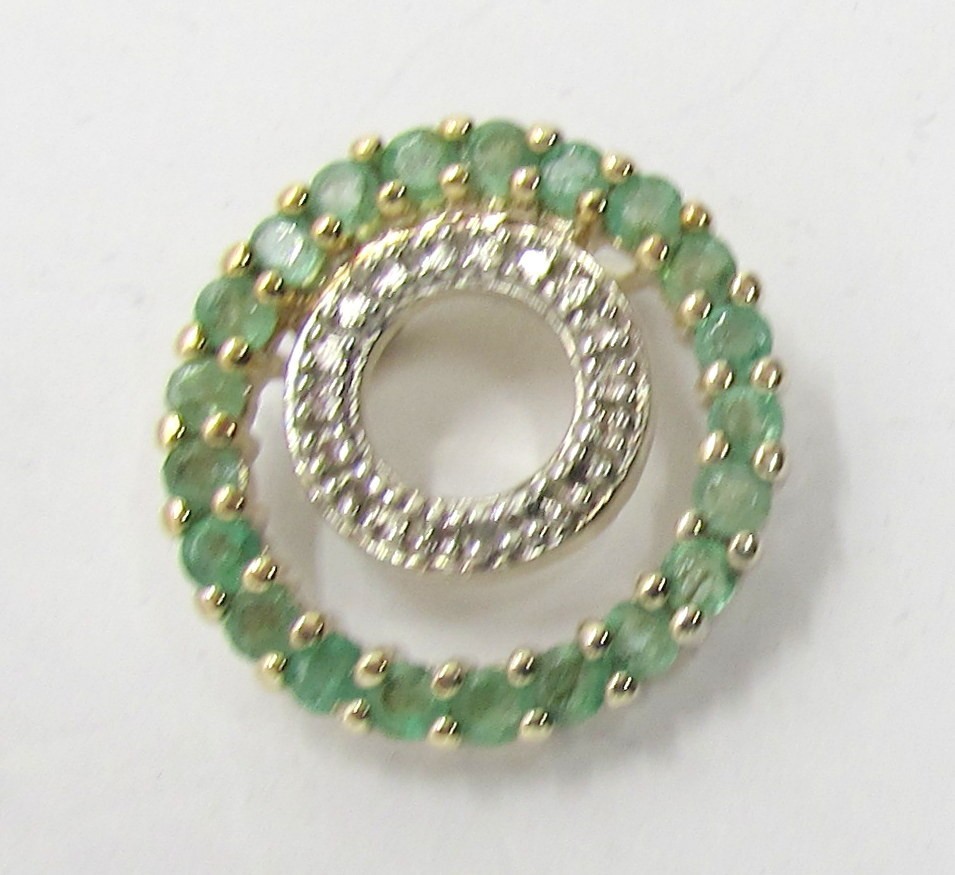 925 STERLING SILVER GEN EMERALD & DIAMOND CIRCLES SLIDE PENDANT 17MM ~ 2.1G