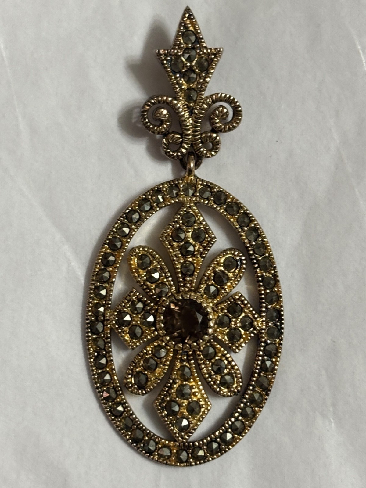 Designer NF Sterling Silver 925 Gold Tone Marcasite Oval Pendant
