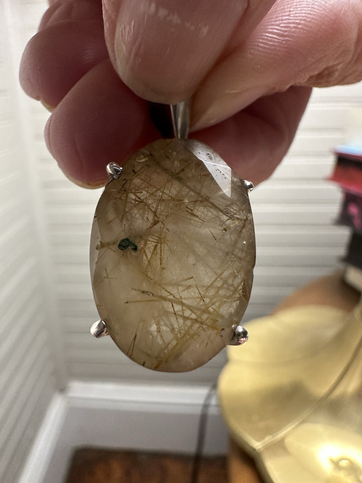 Rutilated Quartz Sterling Silver Pendant Golden Faceted Oval Cabochon