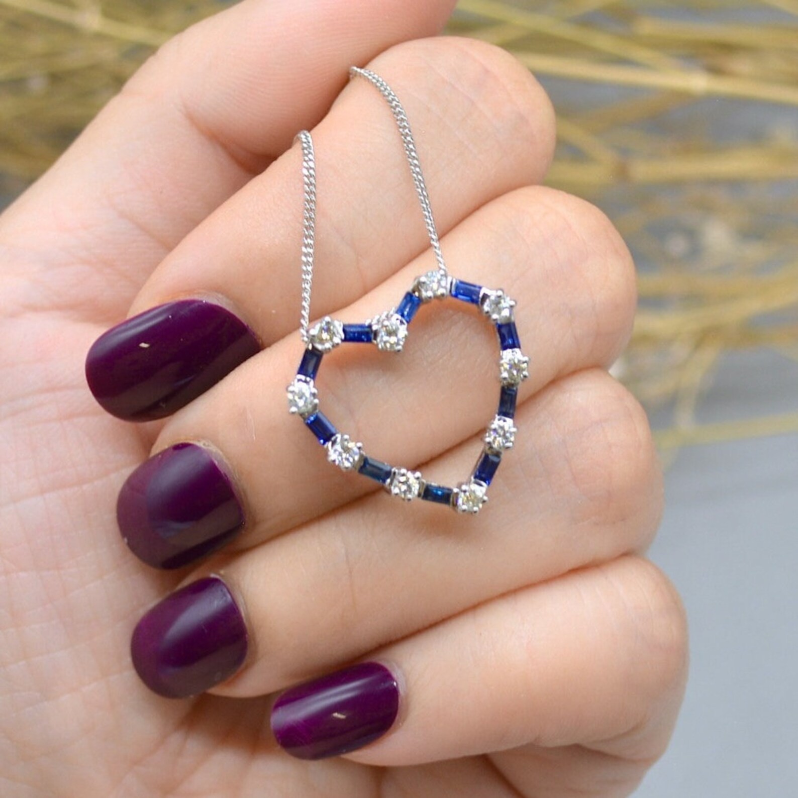 2Ct Lab Created Baguette Cut Sapphire Heart Shape Pendant 14K White Gold Plated
