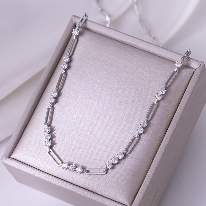 3mm Moissanite Real 925 Silver Paperclip Chain Stackable Necklace Choker 17.7in