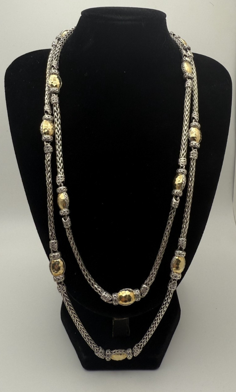 John Hardy Palu 36in Sterling Silver & 22K Necklace 13 Stations 68.85g
