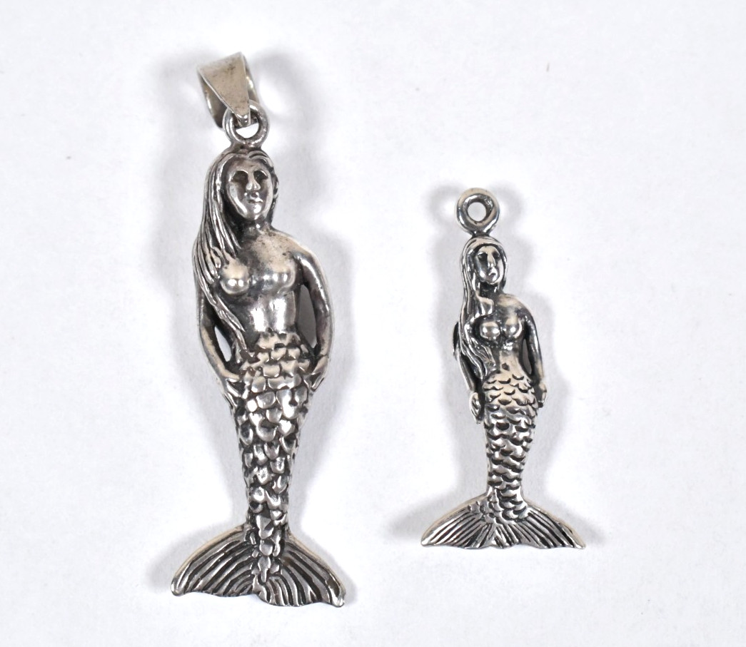 Set of 2 Vtg Sterling Silver Mermaid Pendant & Charm .925 1.5″ & 1″