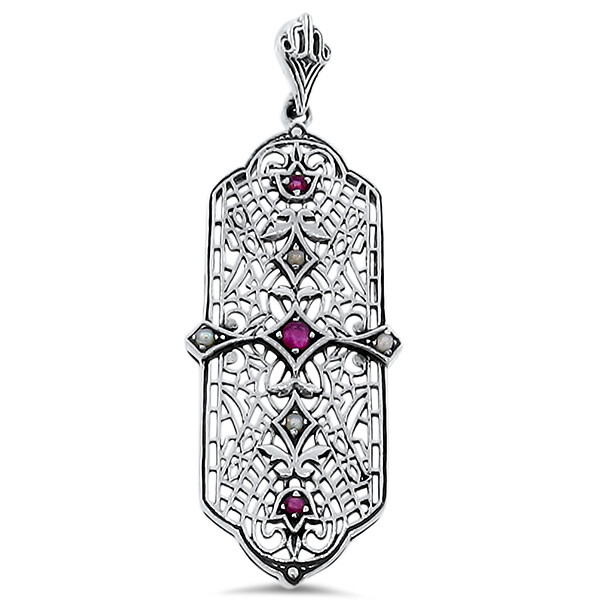 GENUINE RUBY & PEARL 925 STERLING SILVER DECO ANTIQUE STYLE PENDANT 154X