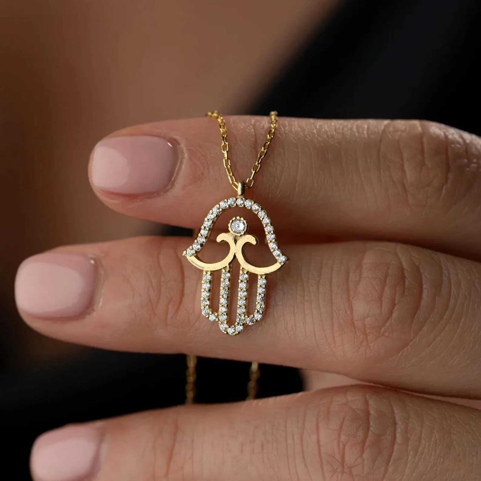 0.40 Ct Round Moissanite Hamsa Religious Womens Necklace 14K Yellow Gold Plated