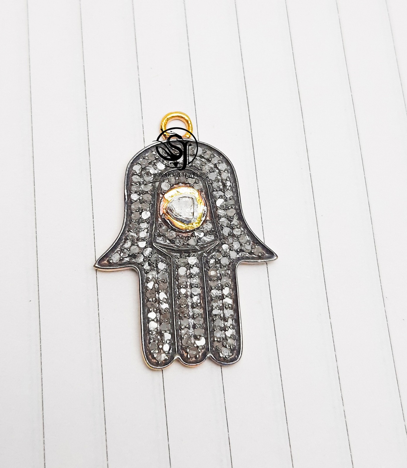 Handmade Sterling Silver Uncut Polki Diamond Hamsa Pendant