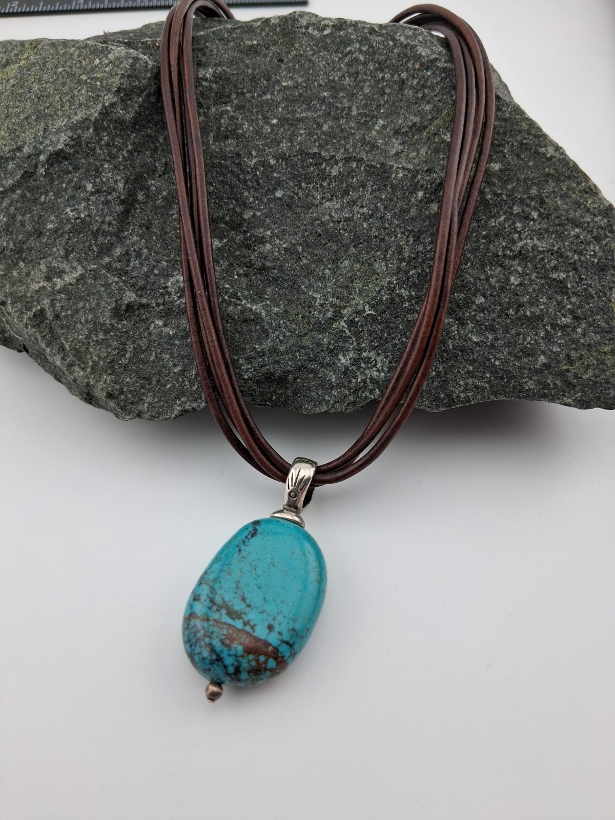 Silpada 4 Strand Brown Leather Cord Necklace & Shube Sterling Turquoise Pendant