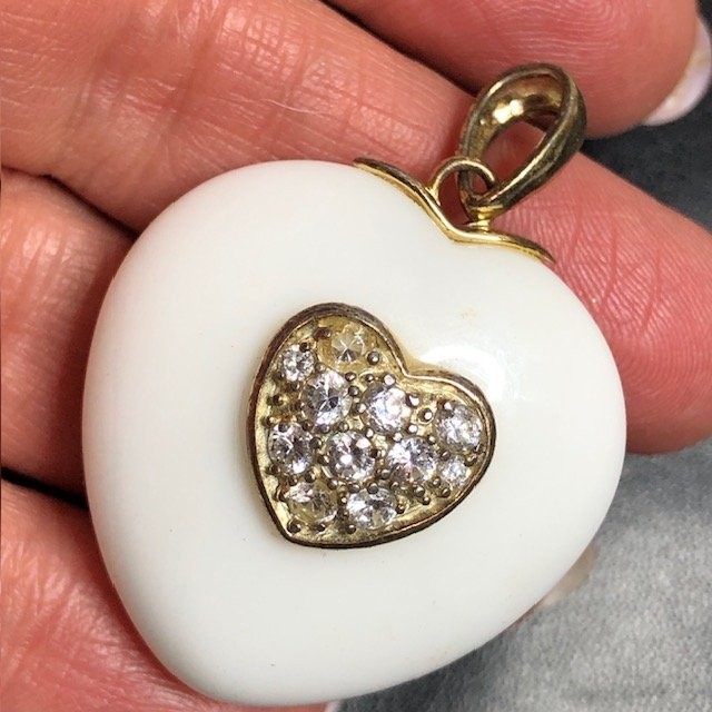 B0946 Vermeil gold over Sterling Silver 925 White acrylic Heart Pendant 1.75″