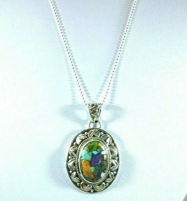 Multicolour Copper Turquoise Solid Sterling Silver Oval Shape Pendant & Chain