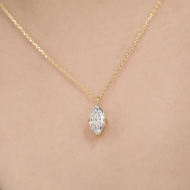 Gift For Any Special Occasion Marquis Natural Diamond Necklace 14K Yellow Gold